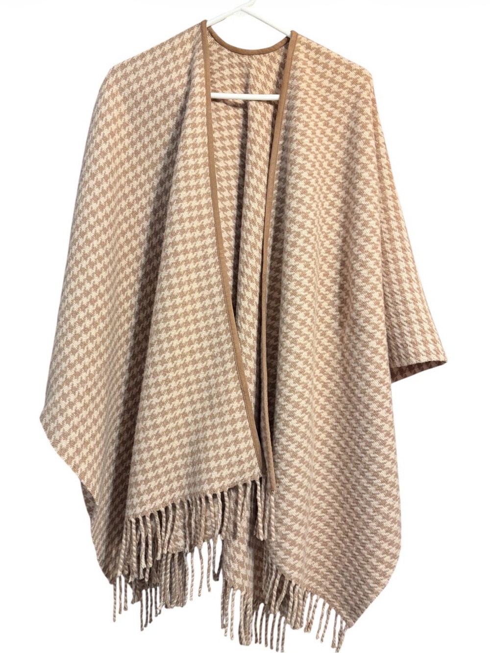 Lauren Ralph Lauren Houndstooth Wool Blend Cape Poncho Fringe Cream Old Money OS
